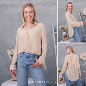 NWT TIMING Women’s Button Down Long Sleeve Sheer Blouse Size Medium, Tan